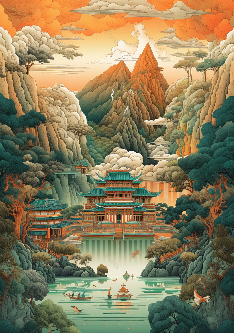 国风国潮风山水插画阳光下的山峰树木和古风建筑背景,插画/手绘图,插画/手绘图库,插画/手绘图下载,插画/手绘
